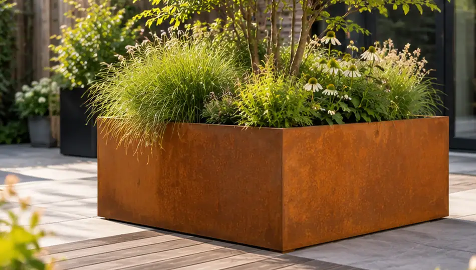 Fotorealistische sfeerimpressie van cortenstaal plantenbak, voorbeeld bij 100 × 40 × 40 cm