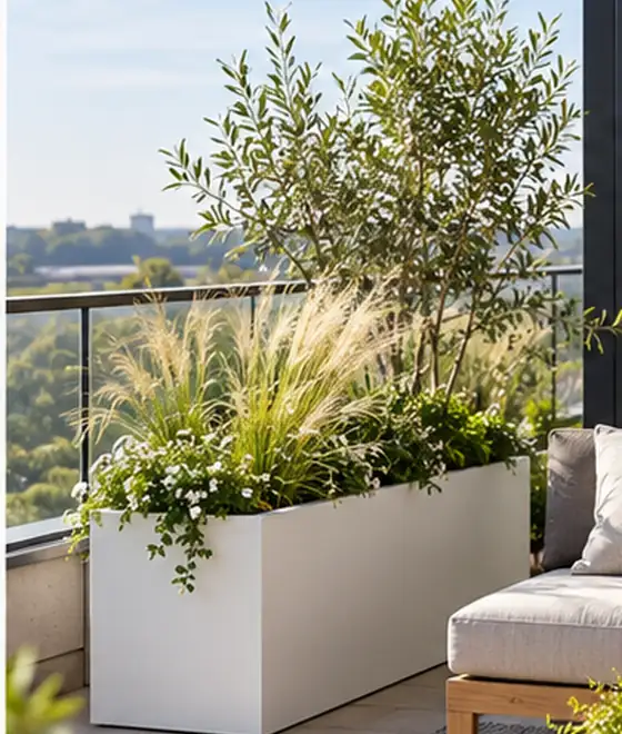 Fotorealistische sfeerimpressie van gecoat staal plantenbak, voorbeeld bij 100 × 40 × 40 cm