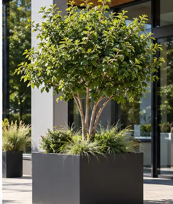 Fotorealistische sfeerimpressie van gecoat staal plantenbak, voorbeeld bij 100 × 100 × 40 cm