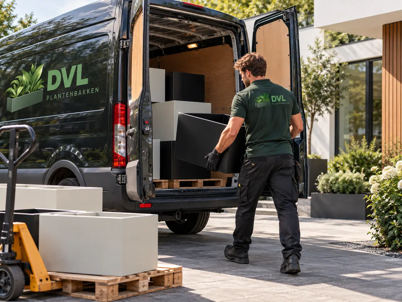 Lege plantenbak bij bezorgwagen