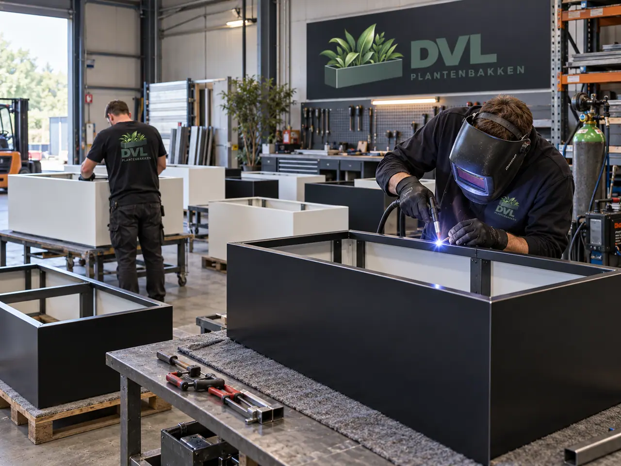 Metalen plantenbak in een werkplaatsomgeving